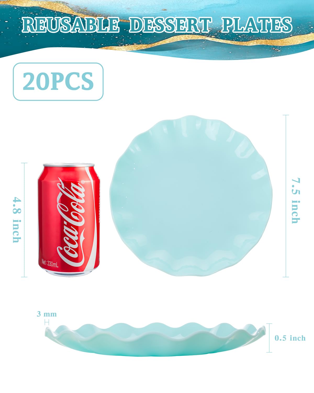 LIYH 20 Pcs 7.5 Inch Ice Blue Plastic Scalloped Plates Reusable - Unbreakable Dessert Plastic Cake Plates Dishwasher Safe Perfect for Party Birthday