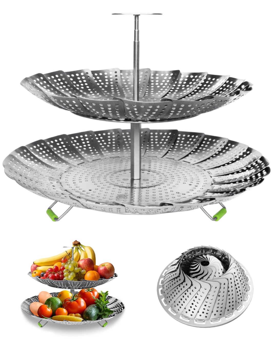LANVIYA 2 Layer Steamer Basket for Cooking - Large Capacity 2-in-1 Stainless Steel Vegetable Steamers, Expandable 5.4-11 Inches Adjustable Steamer Insert for Pots/Instant Pot, Dual Layer Steamers for Baby Food/Seafood/Dumplings