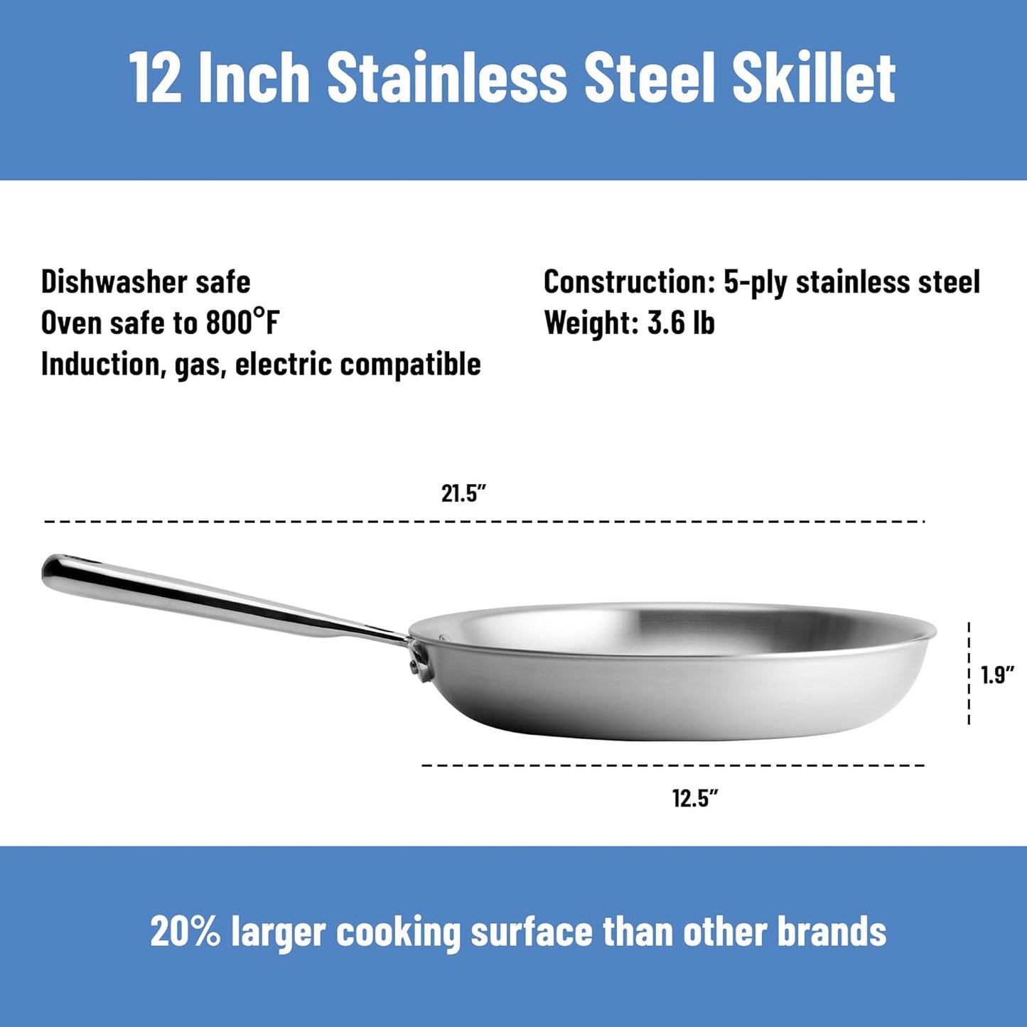 Misen 12" Frying Pan | 5-Ply Stainless Steel Professional Cookware - Induction, Gas, Electric Safe, Dishwasher & Oven Safe to 800°F