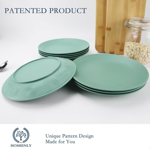 Homienly Flat Dinner Plates Set of 8 Alternative for Plastic Plates Microwave and Dishwasher Safe Wheat Straw Plates for Kitchen Unbreakable Kids Plates(Green,9 inch)