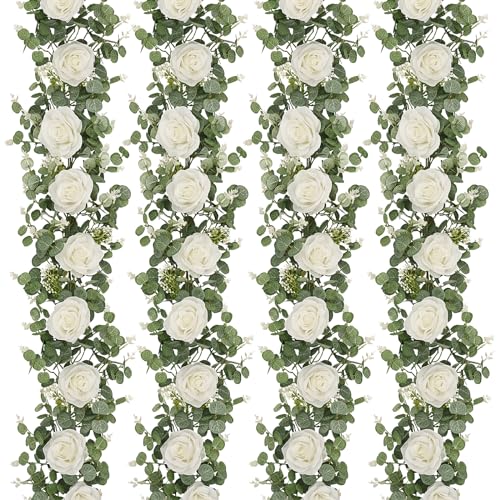 White Rose Eucalyptus Garland 4 Pcs, Faux Floral Wedding Decor, 26ft