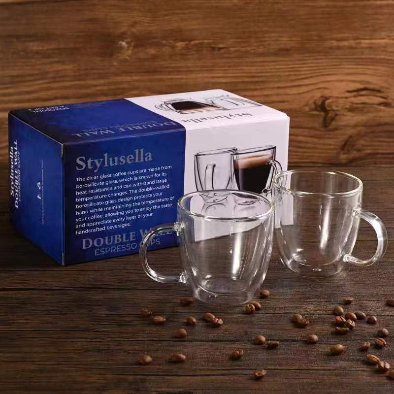 Stylusella Double Wall Glass Coffee Mugs 5oz / 150ml, Set of 2 Insulated Mugs with Handles, Stylish Tazas de Cafe Con Estilo