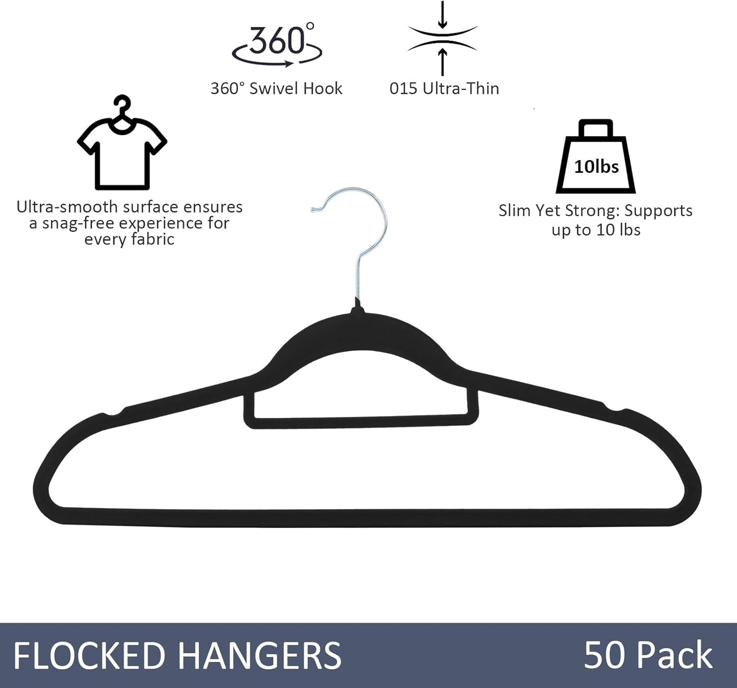 Skiennix Velvet Hangers - Premium Non-Slip Closet Organizers | Durable Ultra Thin Felt for Coats & Shirts (50 Pack, Black)