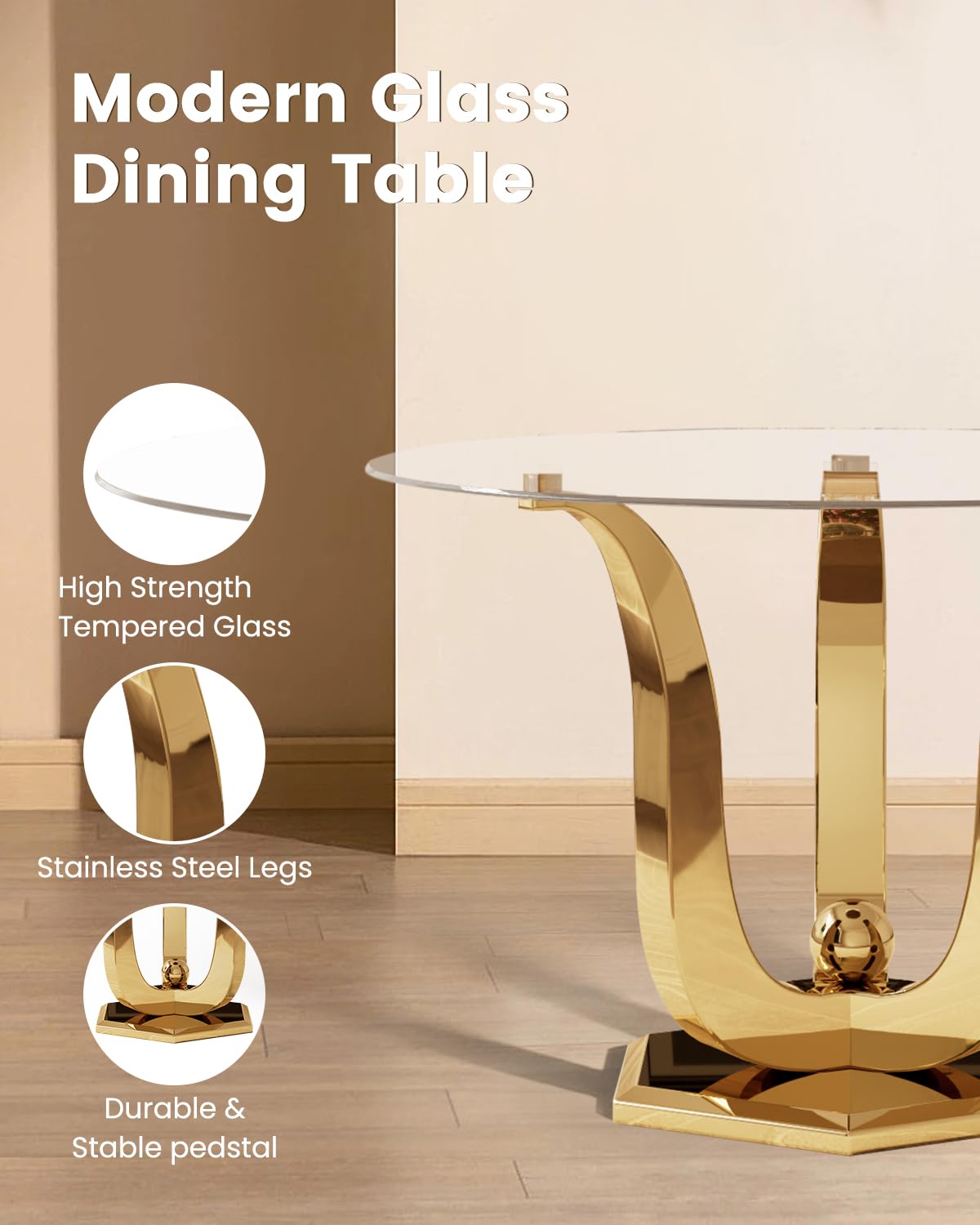 47.2" Round Glass Dining Table for 4-6, Modern Dining Room Table with Circular Tempered Glass Tabletop, Kitchen Table with Stainless Steel Frame for Dining Room, Kitchen, Apartment, Dwelling (Golden)