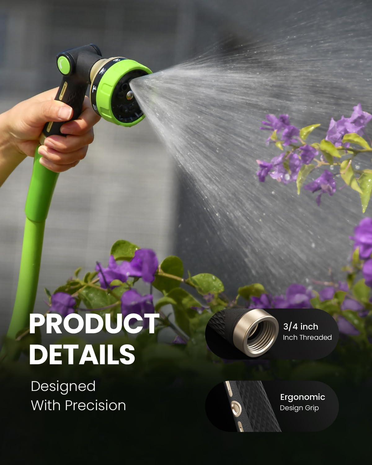 RAINPOINT Garden Hose Nozzle - Heavy Duty Metal Spray Nozzle with 10 Patterns for High Pressure Watering | Green