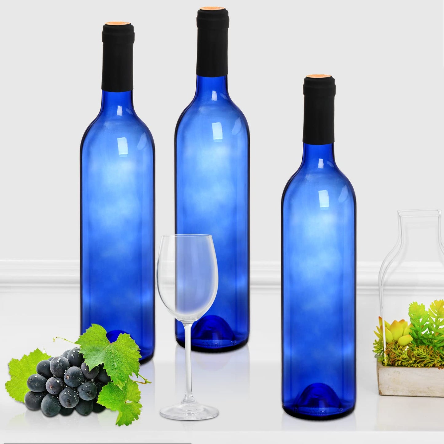 DEAYOU 8 Pack 750ml Bordeaux Wine Bottles, Glass Clear Bottles with 8 Corks and 8 PVC Shrink Capsules, Flat-Bottomed Empty Bottle for Claret, Liquor, Champagne, Juice, Beverages, Decors, Cobalt Blue