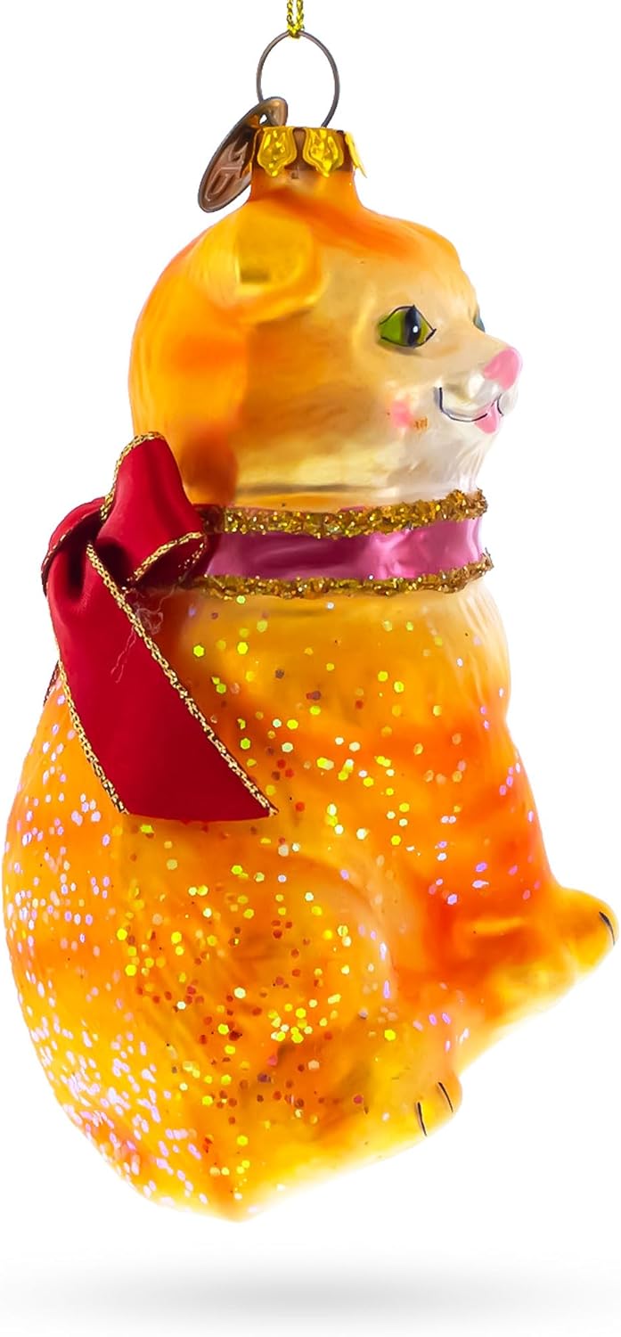 Red Scarf Cat Glass Christmas Ornament - Festive Holiday Decor for Cat Lovers