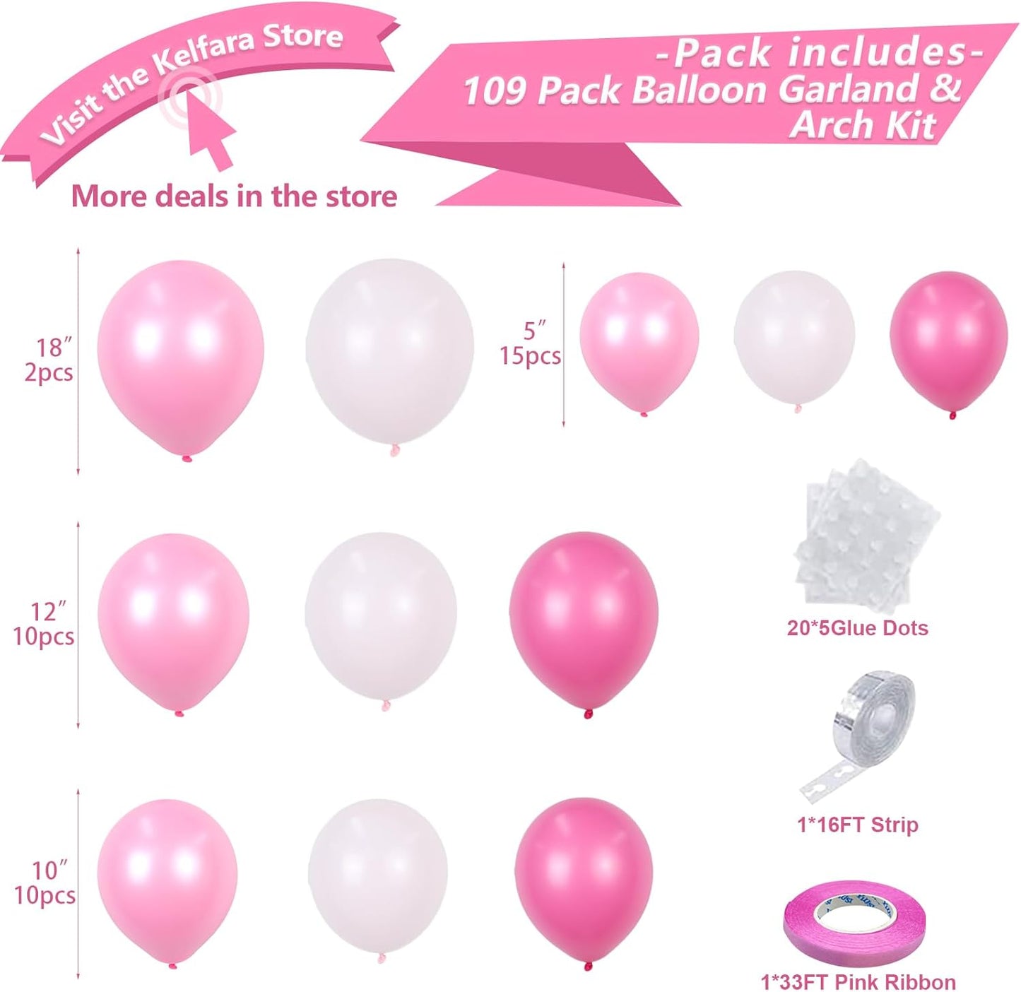 Kelfara Pink Balloon Garland Arch Kit - 109 Pcs Hot Pink & Pastel Latex Balloons | 18, 12, 10, 5 Inch for Weddings & Parties