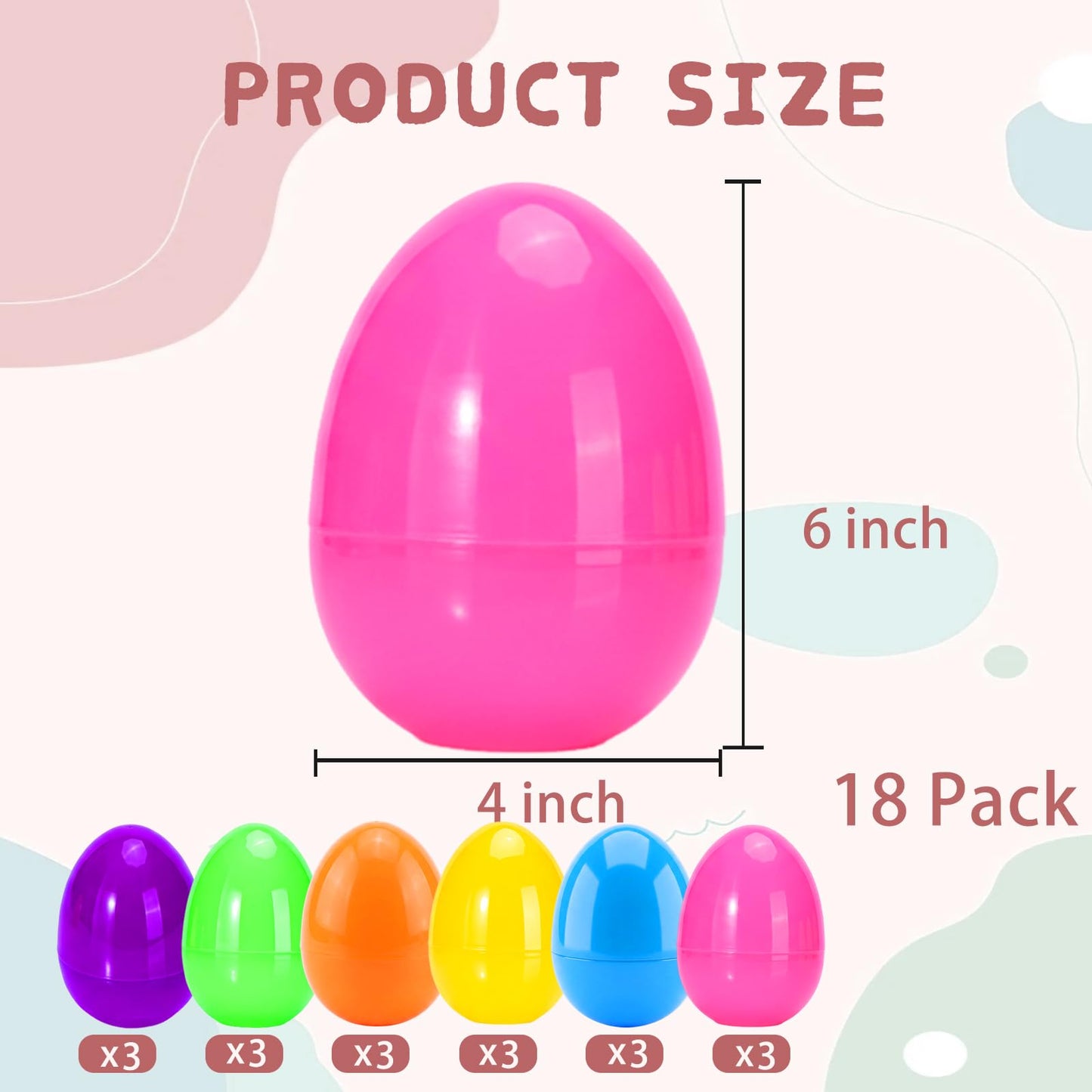Qudoustar 18 Pack 6 Inch Jumbo Easter Eggs, Colorful Giant Plastic Fillable Eggs Bulk, for Easter Hunt Basket Stuffers Party Favors Classroom Prize Supplies Kids Boys Girls