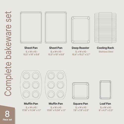 Bakken 8-Piece Stackable Bakeware Set – Ceramic Non-Stick, Oven-Safe Baking Sheets & Pans, PTFE/PFOA/PFOS-Free, Ergonomic Handles, Includes Cooling Rack – Healthy, Non-Toxic Baking Essentials