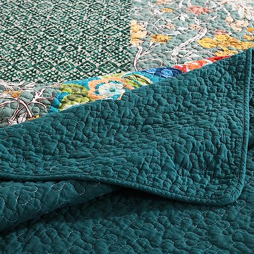 Autumn Dream Reversible Cotton Bedspread Quilt Set Turquoise Floral Patchwork Queen Size