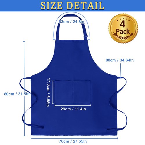FunChaos 4 Pack Chef Apron, Adjustable Apron with 2 Pockets, Unisex Personalised Apron for Cooking, Kitchen, Restaurant (Blue)
