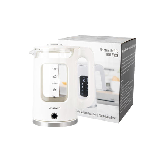 Epsilon 1.7L Glass Electric Kettle – Hot Water Tea Kettle with LED Light, Stainless Steel & Borosilicate Glass, Auto Shut-Off, BPA-Free Electric Teapot, 1100W Fast Boil, Cool Touch