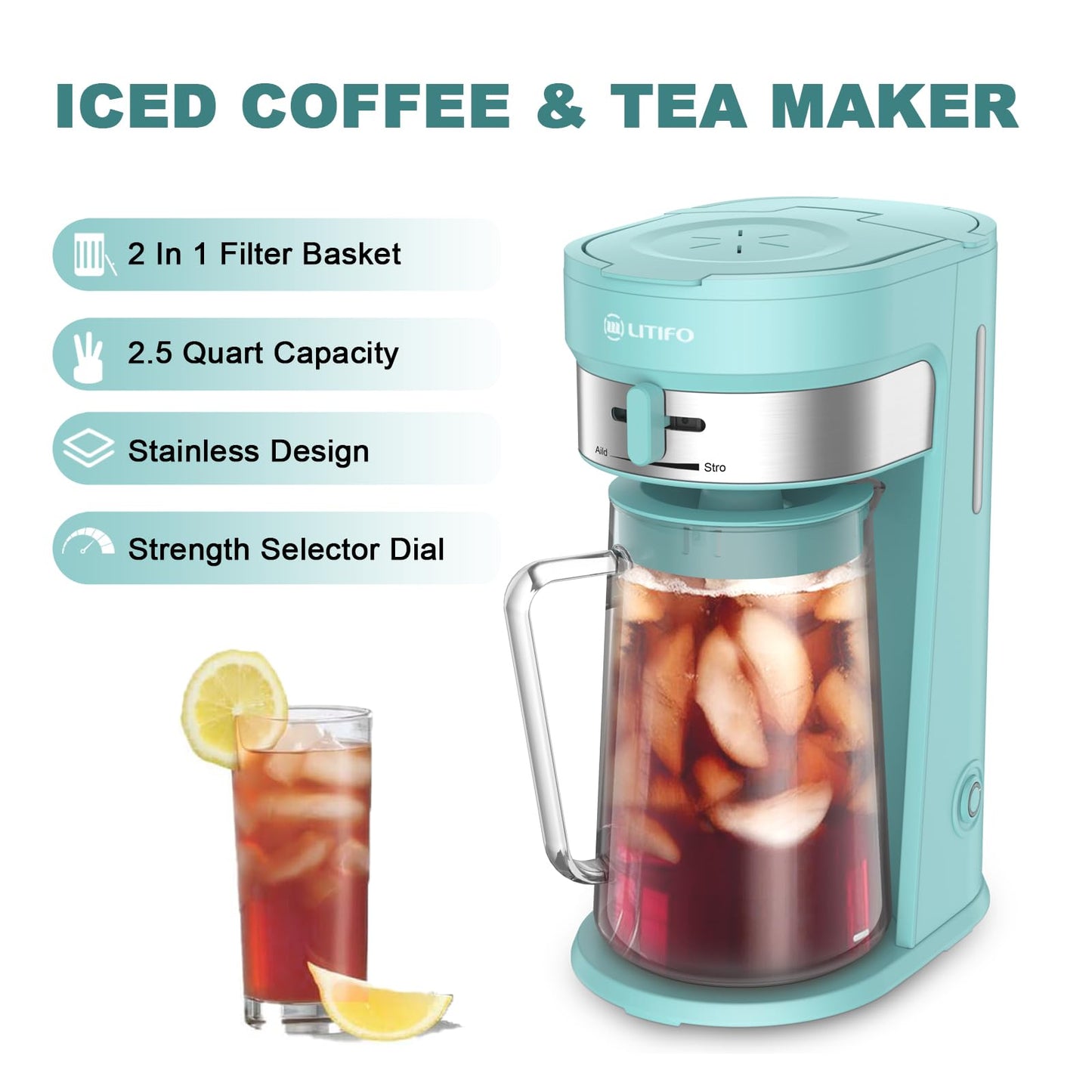 LITIFO Iced Tea Maker and Iced Coffee Maker Brewing System with 2.5-quart Pitcher, sliding strength selector for Taste Customization, Stainless Steel (Black 2.0)