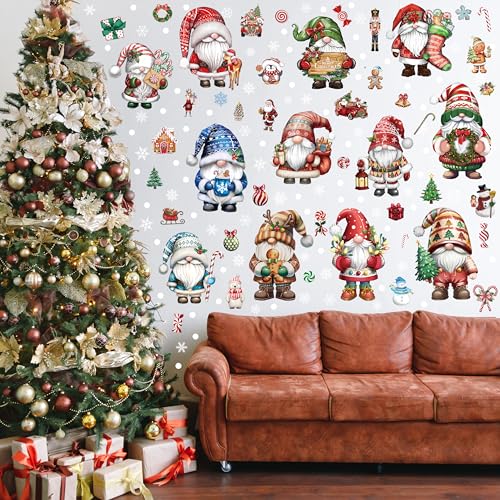 12 Sheets Christmas Gnome Wall Stickers Decorations, Xmas Wall Decals Holiday Gnome Snowflakes Floor Wall Vinyl Stickers for Living Room Bedroom Home Office Decor