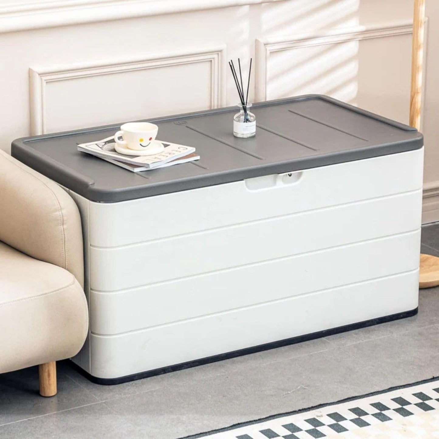 ZZM 110 Gallon Lockable Resin Deck Box - Waterproof Outdoor Storage for Cushions & Tools | White