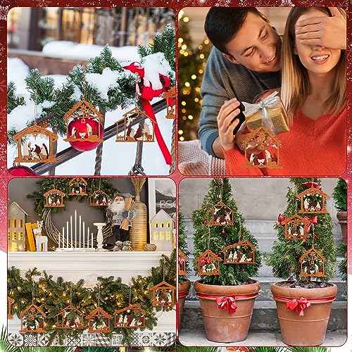 Bucherry 6 Pcs Wooden Nativity Scene Ornament for Tree Topper Decorations, Christmas Nativity Gifts for Christian Church Religious Friends Teachers Coworkers, Ornament(House)