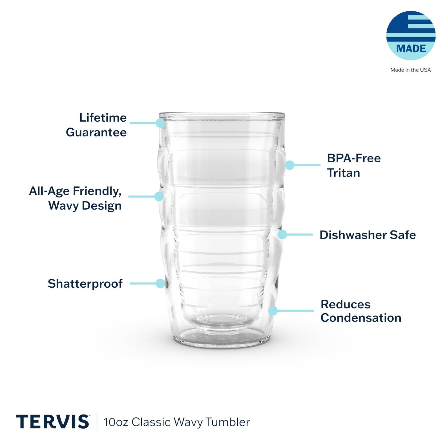 Tervis Clear & Colorful Tabletop Made in USA Double Walled Insulated Tumbler Travel Cup Keeps Drinks Cold & Hot, 10oz Wavy, Clear