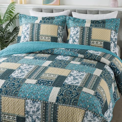 Bedifany Dreamland Blue King Quilt Set - 100% Cotton Cover + Filling, Lightweight All-Season 3-Piece