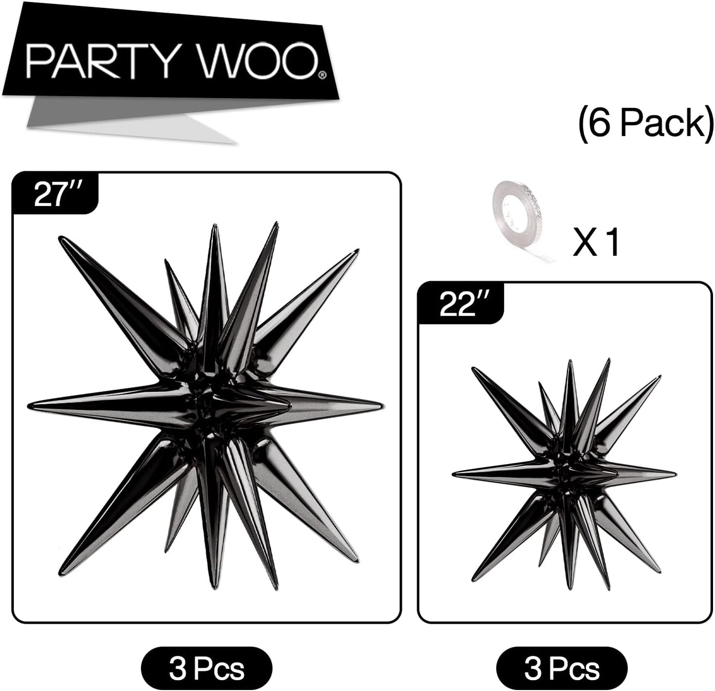 PartyWoo Black Star Foil Balloons - 6-Piece Set of 22-Inch Mylar Balloons for Graduation & Birthday Decor