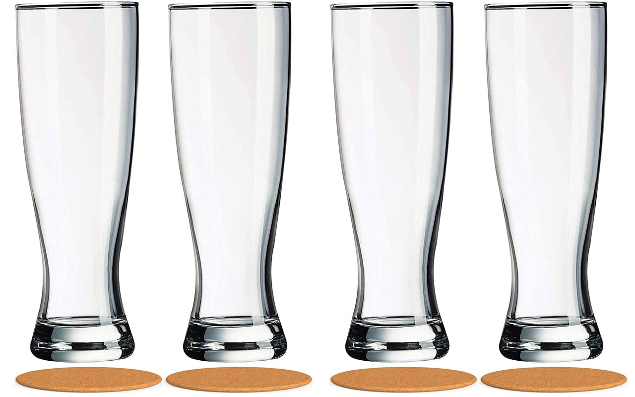 AMZ Empire 16 oz Pilsner Beer Glasses Set of 4, Classic Drinking Beer Glass, Premium Strong and Sturdy Glassware with Coasters