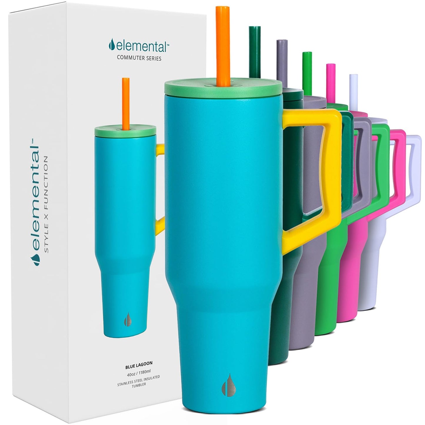 Elemental 40 oz Tumbler with Handle and Straw - Spill Proof Insulated Stainless Steel Commuter for Cold Beverages - Travel Coffee Mug with 2 Straws & Spill Proof Lid - 40oz- Blue Lagoon