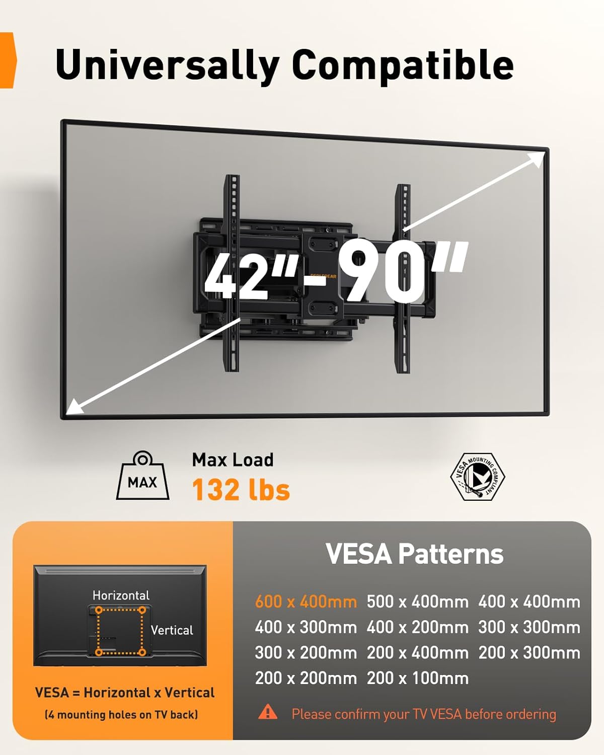 Perlegear Full Motion TV Wall Mount - Heavy Duty for 42-90" TVs Up to 132lbs | Tool-Free Tilt & Swivel