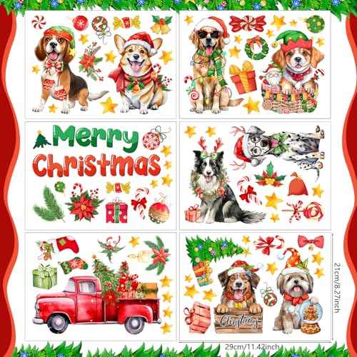Geyoga 6 Sheets 98 Pcs Christmas Window Clings Stickers Pet Dog Window Clings Reusable Christmas Puppy Window Sticker Decor Decal Sticker for Home Party Shop Showcase Supplies(Christmas Dog)