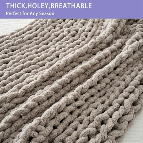 Bigacogo Chunky Knit Throw Blanket for Couch - Taupe with Pink Undertone, 80x90 Inches