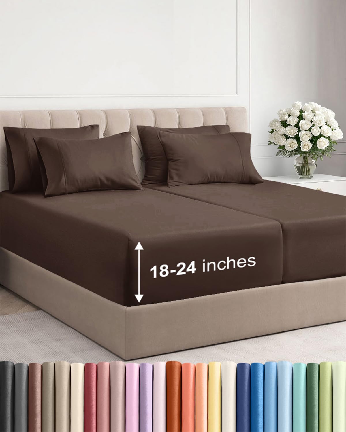 Skiennix Extra Deep Split King Sheet Set - 7 Piece Breathable Cooling Bedding - Soft, Wrinkle-Free Brown
