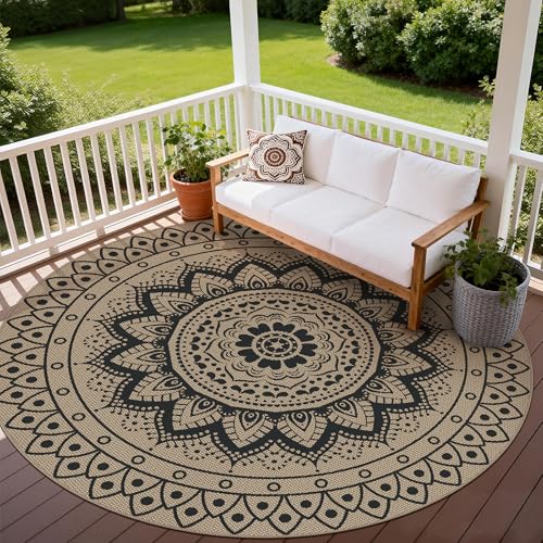 VSIWB Boho Black Round Outdoor Rug 8ft Washable Non-Slip Area Carpet