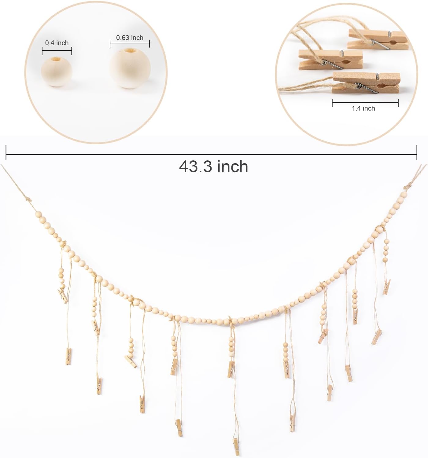 Skiennix Hanging Photo Display - 18 Wooden Clips for Boho Wall Décor | Perfect for Bedroom & Dorm