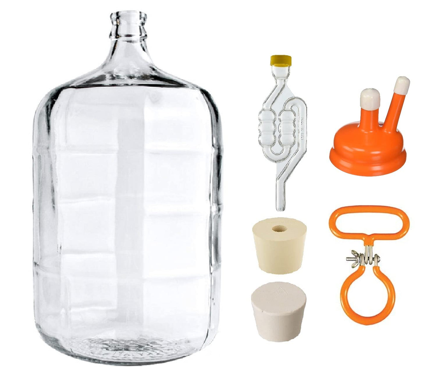 North Mountain Supply 5 Gallon Italian Glass Carboy Fermenting Jug - With Drilled & Undrilled Rubber Stoppers, 6-Bubble Airlock, Carboy Handle and Cap