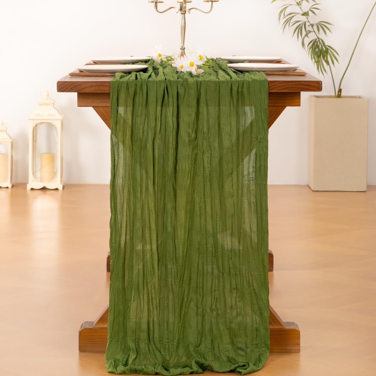 Socomi 3pcs Campsite Green Summer Cheesecloth Table Runner Boho Rustic Gauze 120 inch 10FT Cheese Cloth Sheer Runner for Wedding Party Baby Shower Birthday Home Decor Holiday Decorations