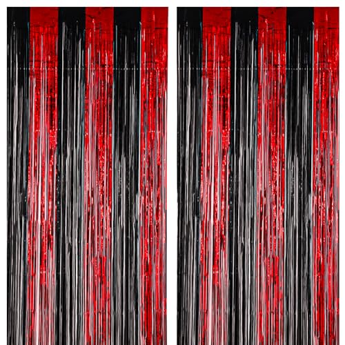 2 Pack 3.3x8.2 Feet Red and Black Foil Fringe Backdrop Curtains, Tinsel Streamers Birthday Party Decorations, Fringe Backdrop for Graduation, Movie Night, Horror Party