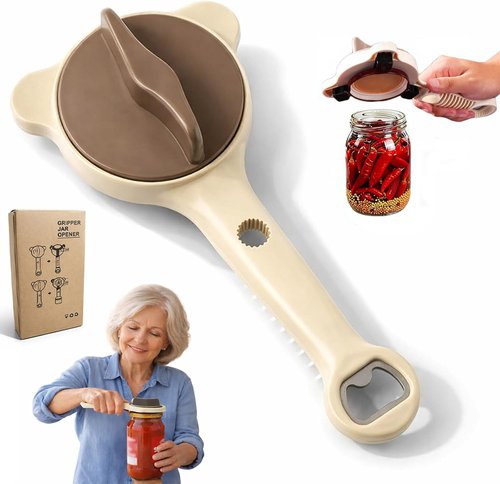 Adjustable Stainless Steel Jar Opener by [Brand Name] - 4-in-1 Multi-Function Bottle Opener with Secure Grip | Easy Twist Kitchen Tool (Beige)