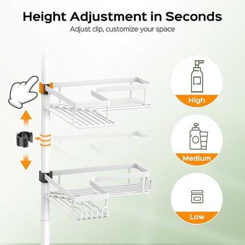 HAMITOR Corner Shower Caddy - 4-Tier Rustproof Bathroom Organizer with Soap Holder & Hooks | Adjustable Tension Pole 47-123 Inch