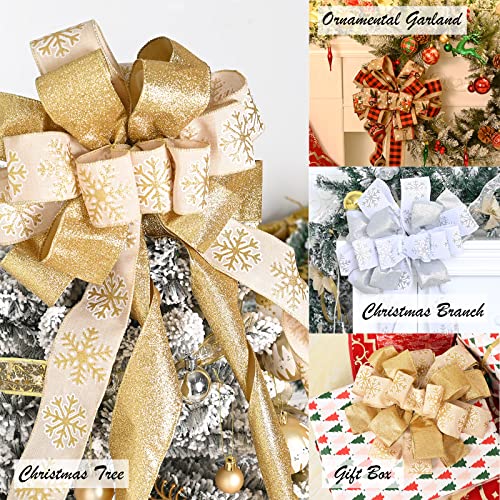 CANGBI Christmas Tree Topper Bow 40in x 13in White Glitter Satin Mesh Ribbon