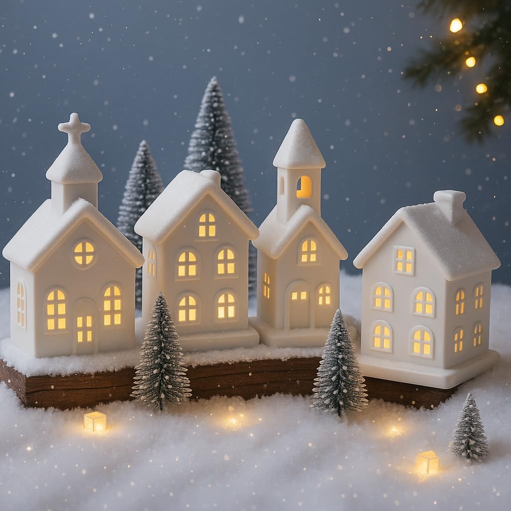 Regine Switzerland Light Up Christmas Village Set - 4 Ceramic Houses & 5 Xmas Trees | Winter White Decor