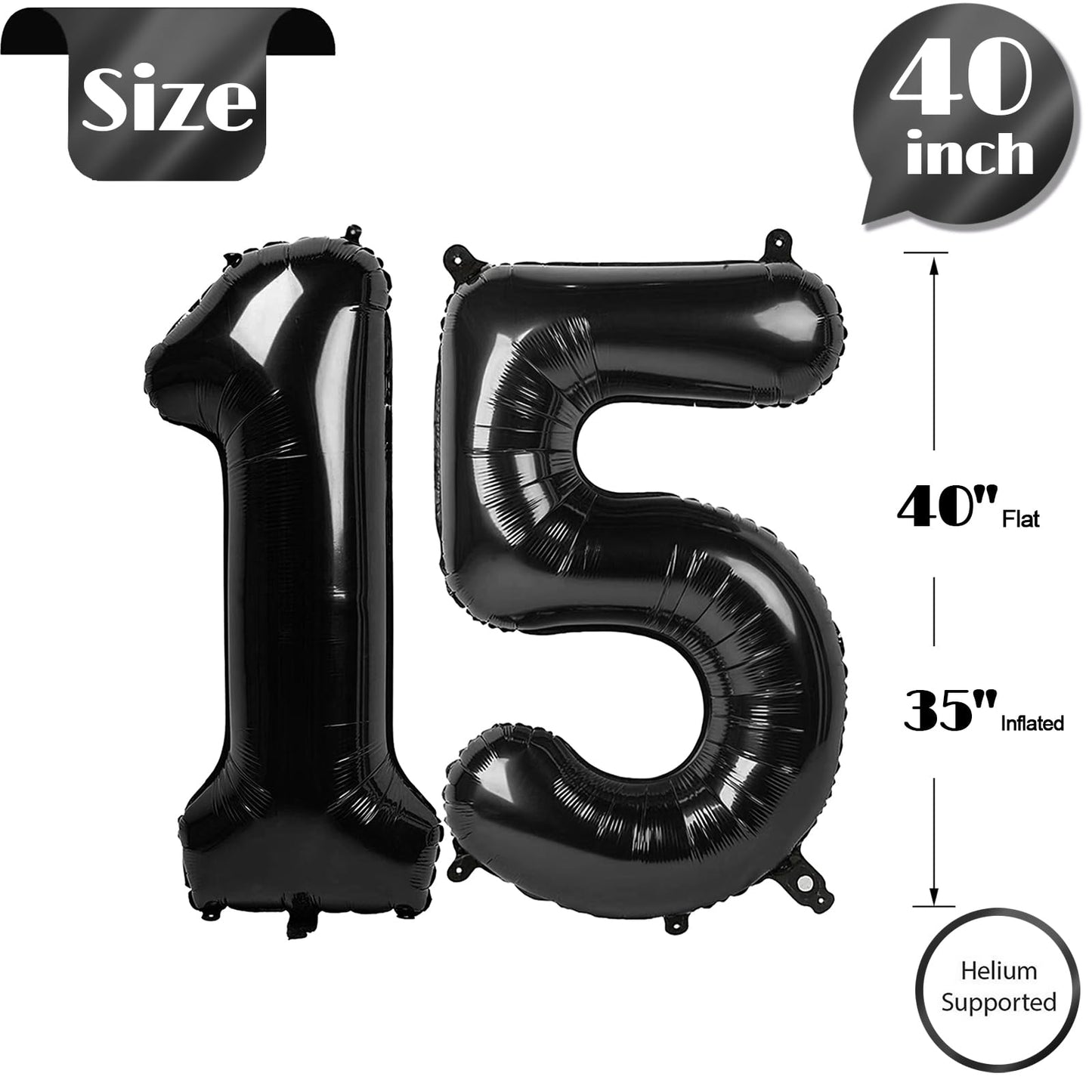 Black Number 15 Balloon 40 inch, 15 Number Balloons, 15th Black Birthday Decorations, 15 Year Old Girls Boys Party Supplies