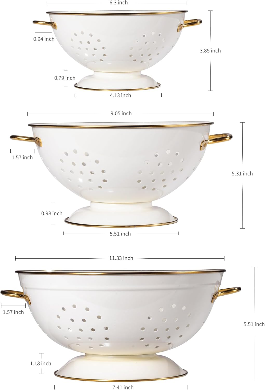 Metal Colander Set by [Brand Name] - 3-Piece Strainer Basket with Handles for Pasta, Berries & Vegetables - Cream, 1Qt, 3.5Qt & 5Qt