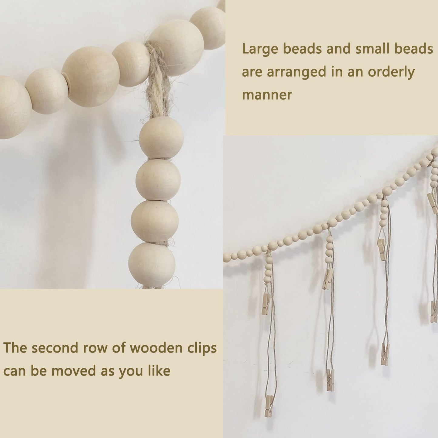 Kintyno Hanging Photo Display with 22 Clips, Wooden Bead Garland, Boho Style Collage Photo Frame Decoration for Dorms, Classrooms, Bedrooms