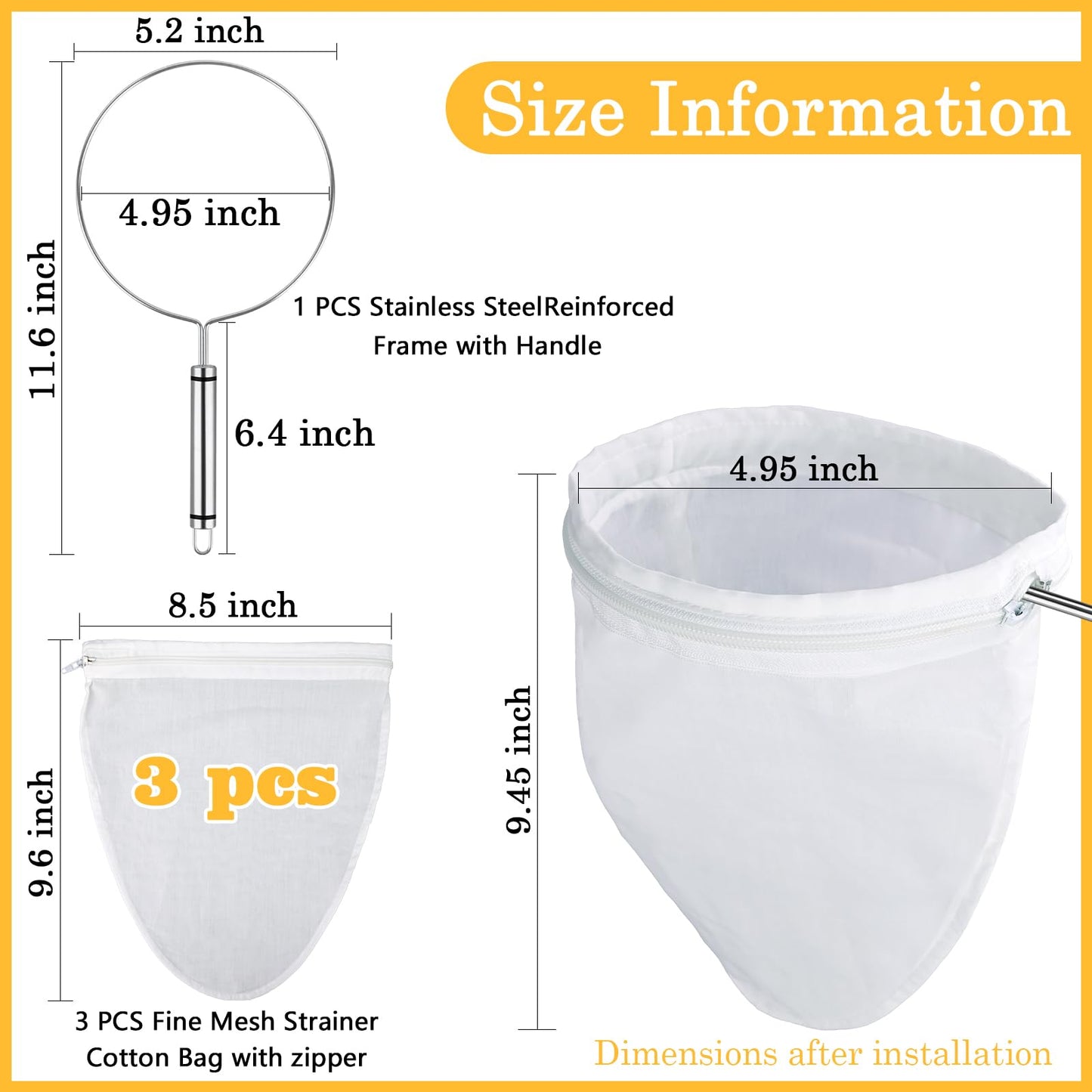 WMKGG Ultra Fine Mesh Strainer Bags,Cheese Cloth Bag for Straining, with Stainless Steel Handle Frame for Juices,Nut Milk,Fresh Cheese,Yogurt (Small Size)(4.95"Wx9.6"D)