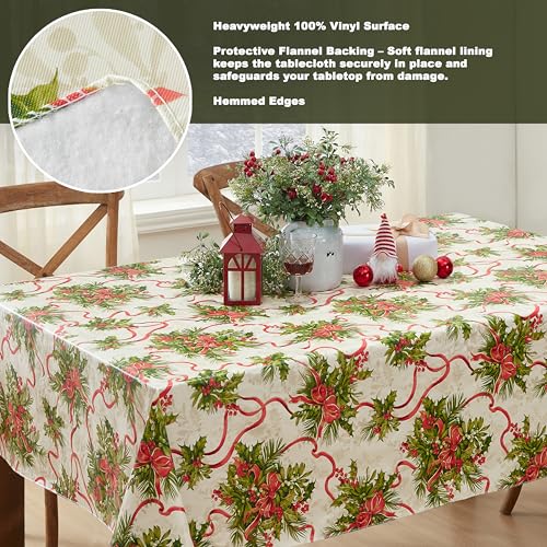 Newbridge Holly Traditions 52x52 Inch Square Vinyl Tablecloth with Flannel Backing - Christmas Decor