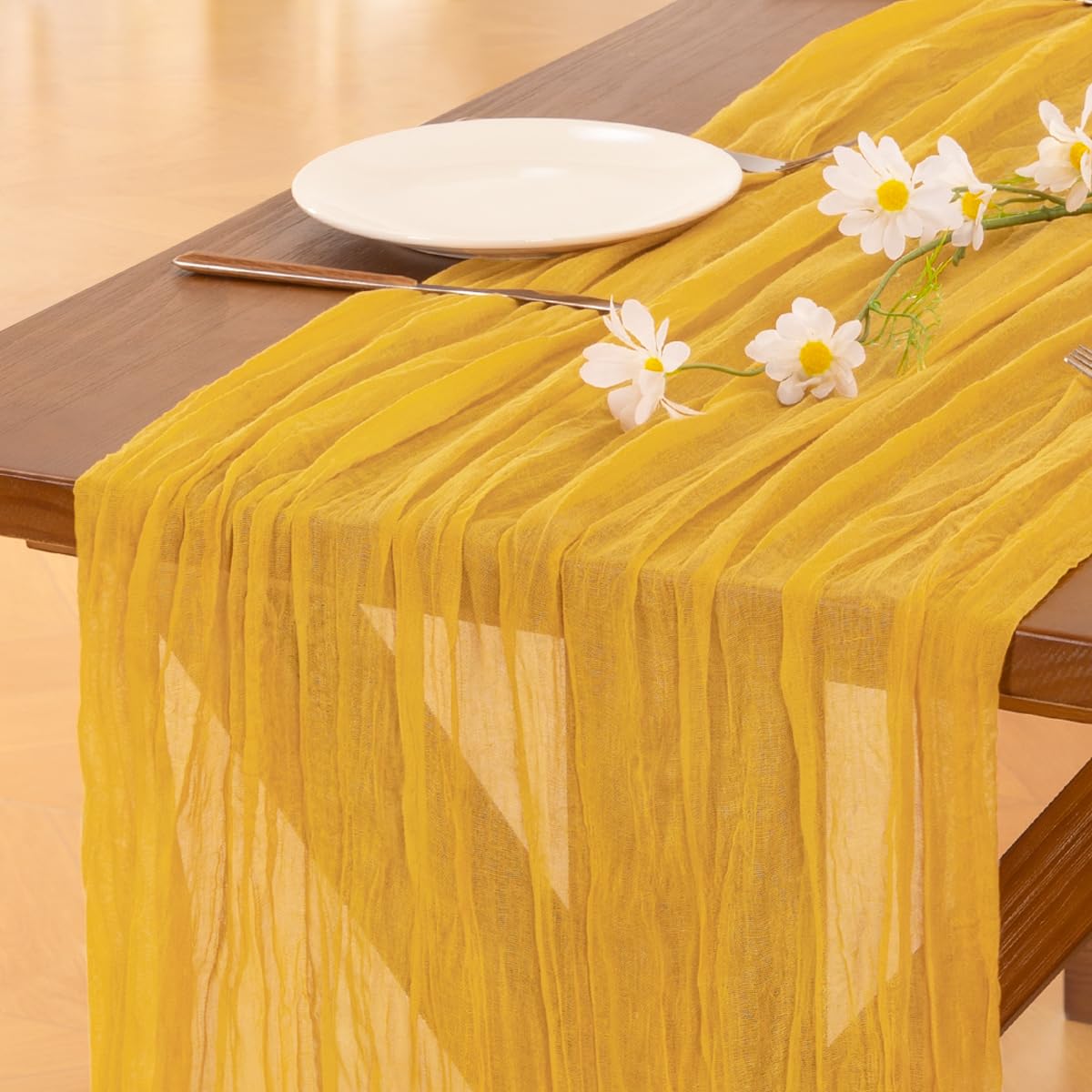 Socomi 10pcs Gold Yellow Cheesecloth Table Runner Boho Rustic Gauze 120 inch 10FT Cheese Cloth Runner for Wedding Party Baby Shower Birthday Home Decor Holiday Decorations