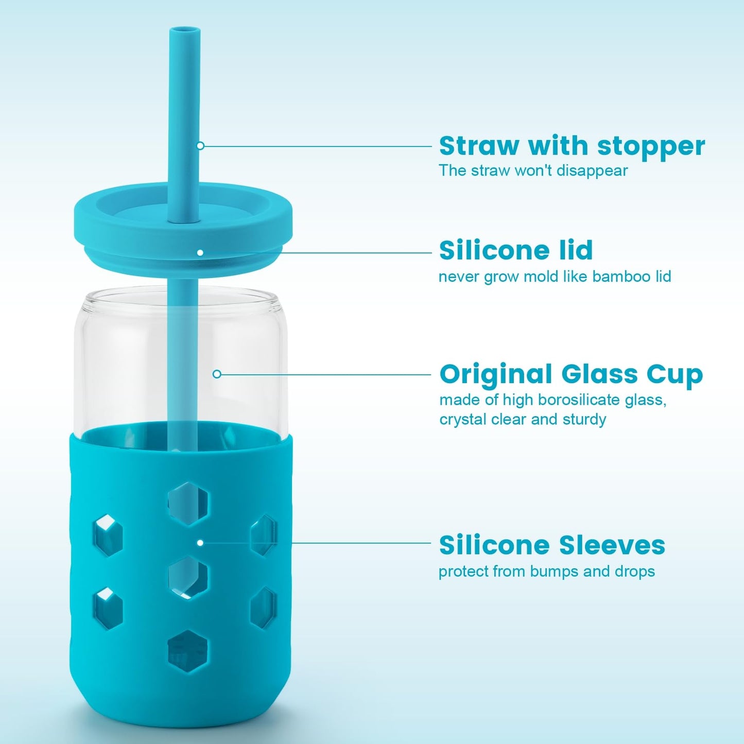 Mrsdry 16 oz Glass Cups With Lids and Straws, 4-Pack Iced Coffee Cup - Smoothie Cup With Silicone Lid and Sleeve for Coffee Bar Accessory, Cute Drinking Glasses Set Reusable Glass Tumbler for Gifts