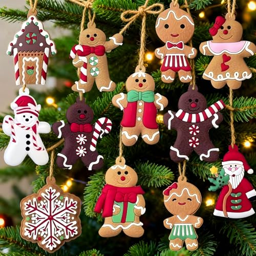 12pcs Christmas Tree Ornaments Cute Snowman Xmas Tree Decorations Santa Claus Assorted Gingerbread Figurines Ornaments with Sugar Cookie House for Christmas Tree Hanging Decorations 3 Inch Tall