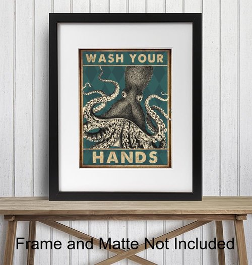 Beach Coastal Nautical Bathroom Wall Art - Octopus Wash Your Hands Sign | 11x14 Cute Decor