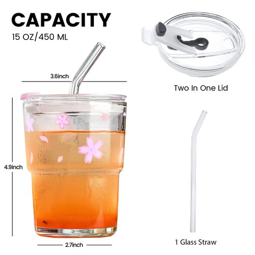 Colnic Iced Coffee Cup, 15Oz/450ml Glass Cups With Lids And Straws, Iced Coffee Glasses Tumbler, Thick Wall Mug For Tea Water With Glass Straw, Coffee Cute Tumbler Gifts (Pink)