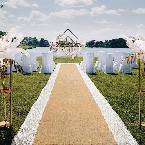 Preboun 3ft x 30ft Burlap Lace Wedding Aisle Runner - Rustic Chic Ceremony Decor